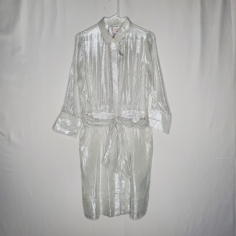 Gretchen Scott Shirt Dress Small Metallic Silver Breezy Button Tie Waist Glinda